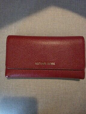 Michael Kors Burgundy Pebbled Leather Continental Wallet with Gold Logo